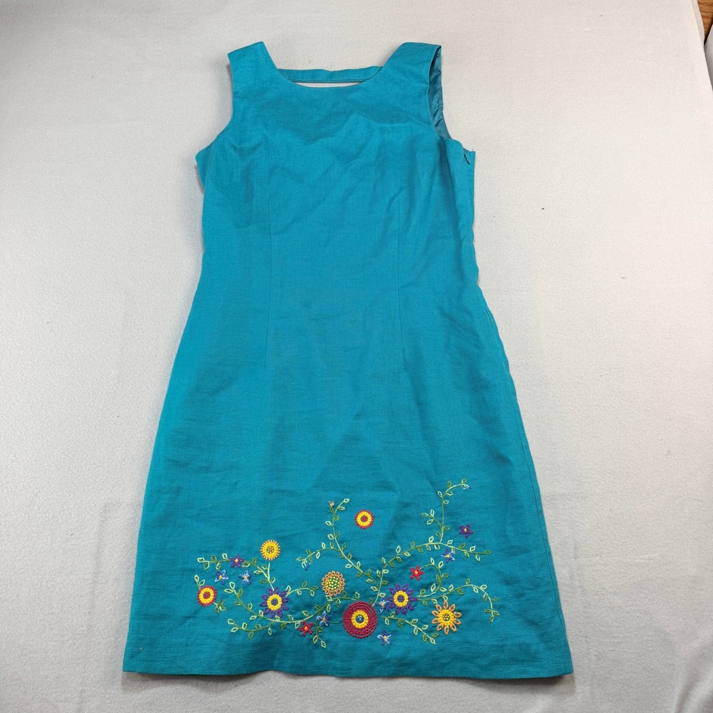 John Roberts Teal Blue 100% Linen Embroidered Floral Sheath Dress Womens Size 12